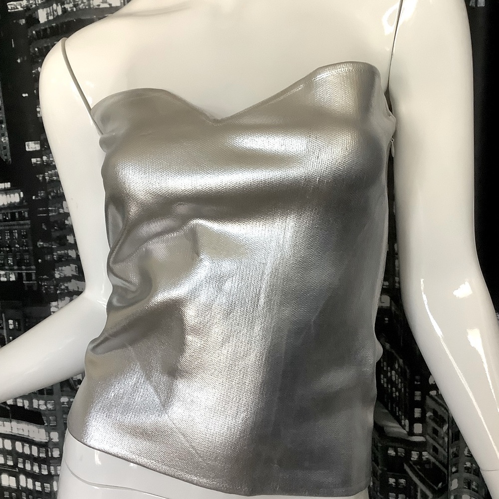 NWT Zara Silver Foil Vegan Leather Strapless Top